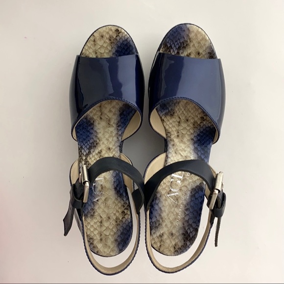 AGL 👡 PLATFORM WEDGE SANDALS denim and NAVY patent leather with wide strap - Picture 6 of 12